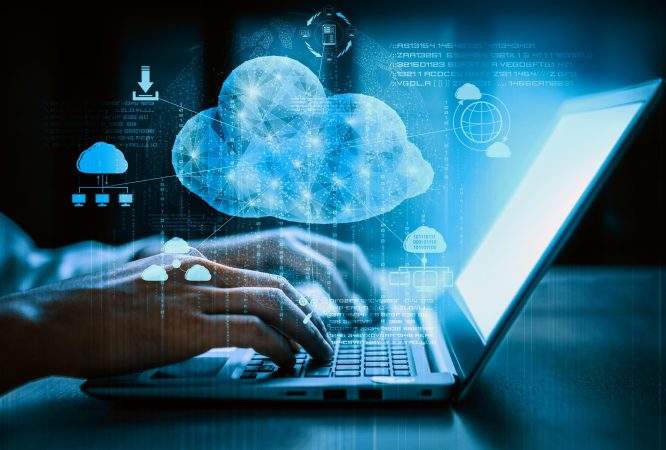 Cloud computing technology and online data storage for business network concept. Computer connects to internet server service for cloud data transfer presented in 3D futuristic graphic interface. uds