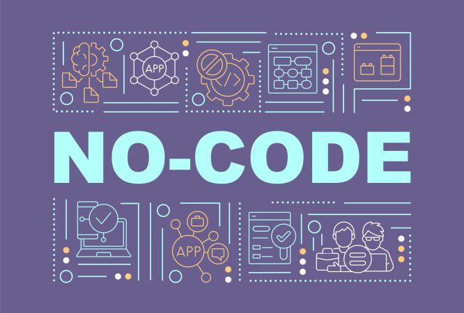 No code word concepts purple banner. Web 3 0 solutions for apps Infographics with linear icons on background. Isolated typography. Vector color illustration with text. Arial-Black font used