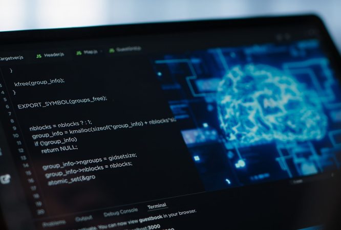 Data center technician using artificial intelligence on tablet to prevent vulnerabilities. Employee using device to review firewall rules, enforcing AI cybersecurity protocols, camera A close up