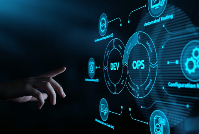 DevOps Dev Ops software development. Business Technology Automation Process Concept.