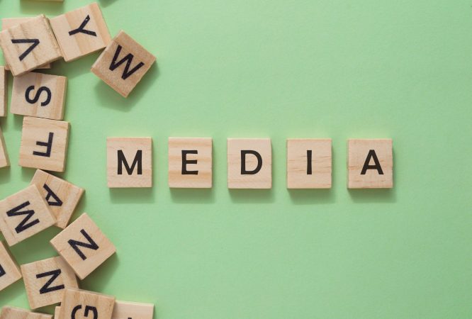 Text media on wooden cubes on green background. High quality photo