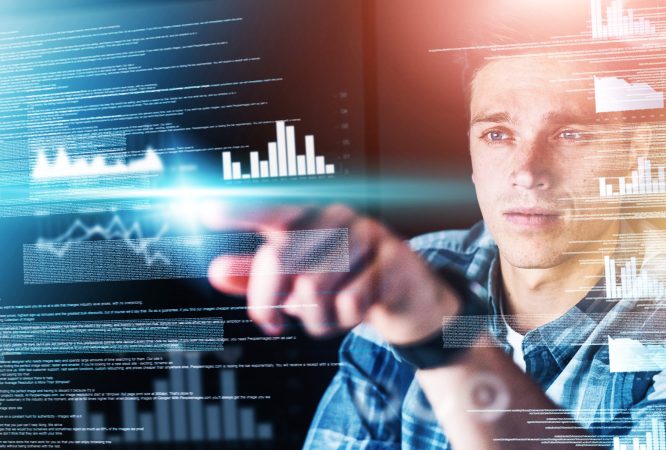 Thinking, man and finance in office with hologram, choice and selection on graph. Technology, overlay and businessman with decision on charts, data and information for economy, trading and investment.